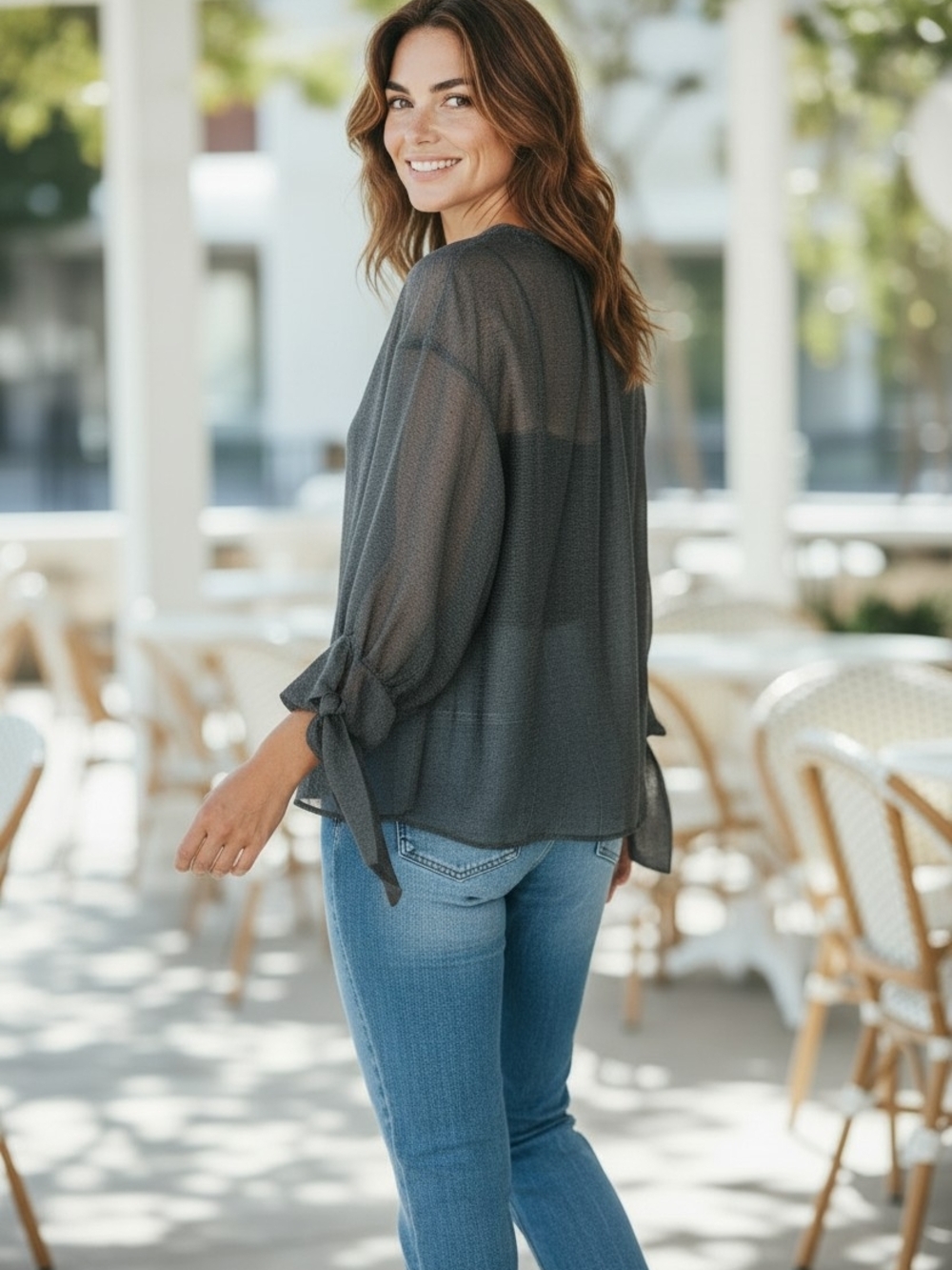 Zara Sheer Tie-Sleeve Blouse - Picture 2 of 6